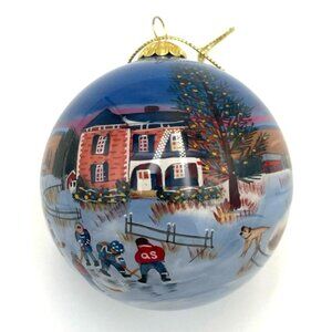 Hockey Christmas Ornament Ball Hand Painted Signed 2.5" D Sports Fan
